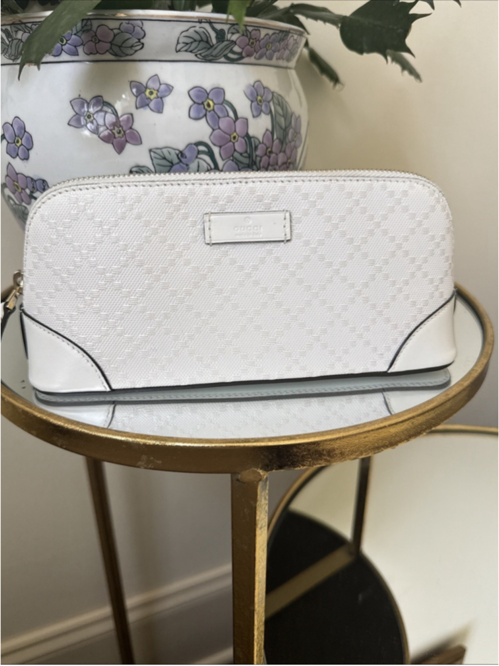 Gucci Diamante White Leather Cosmetic Bag Clutch Women's
